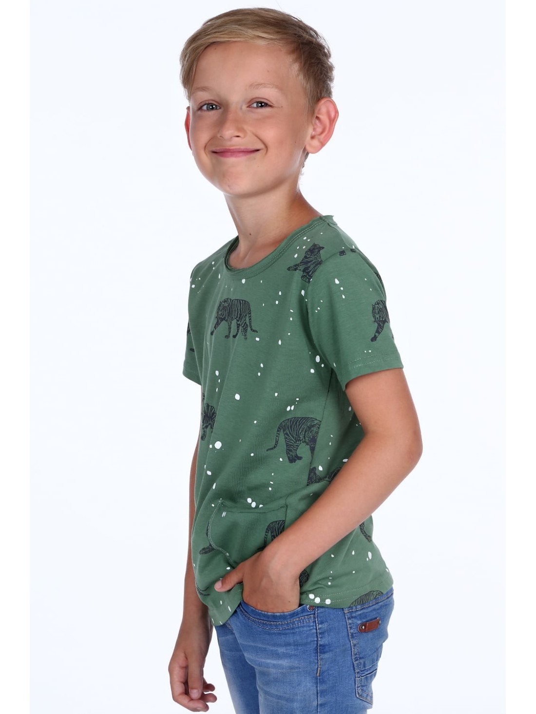 Tricou baieti cu imprimeuri tigru, verde inchis NDZ4504 - Magazin online - Boutique